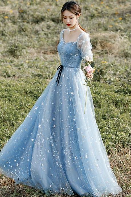 Beautiful Blue Short Sleeves A-line Beaded Tulle Party Dress Prom Dresses, Blue Evening Dresses