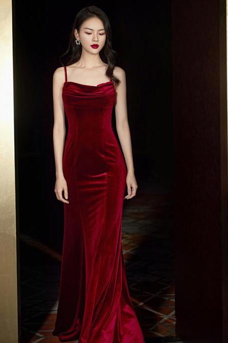 Wine Red Velvet Mermaid Straps Long Party Dress 2022, Burgundy Bridesmaid Dresses