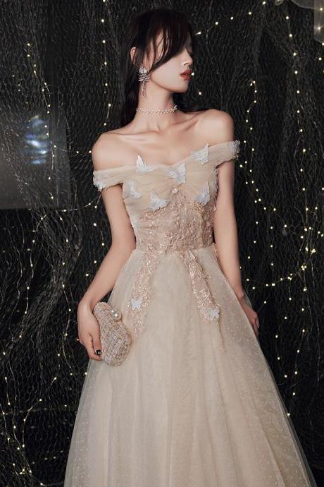 Champagne Tulle Off Shoulder Party Dress with Lace Prom Dress, Long Evening Dresses