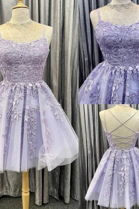 Cute Short Purple Homecoming Dress Prom Dress with Lace, Backless Homecoming Dresses