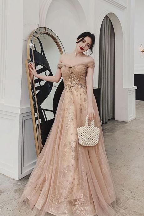 Champagne Off Shoulder Tulle with Lace Long Evening Dress Prom Dress, Floral Formal Gowns