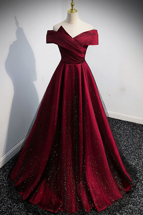 Beautiful Dark Red Satin Shiny Tulle Long Prom Dress, Lovely Burgundy Party Dresses