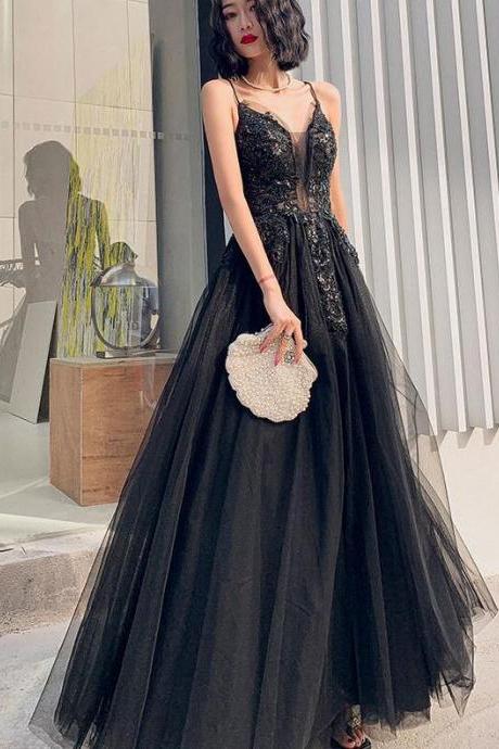 Black Straps Long V-neckline Prom Dress Party Dress, Black Formal Dresses