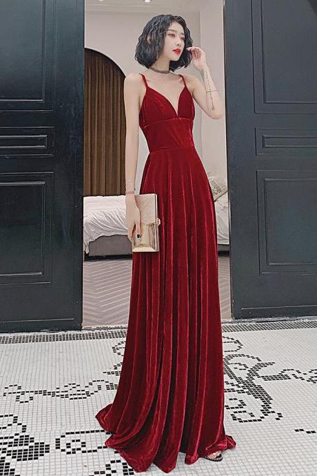 Wine Red Velvet Straps Long Evening Dress Prom Dress, A-ine Velvet Wedding Party Dresses