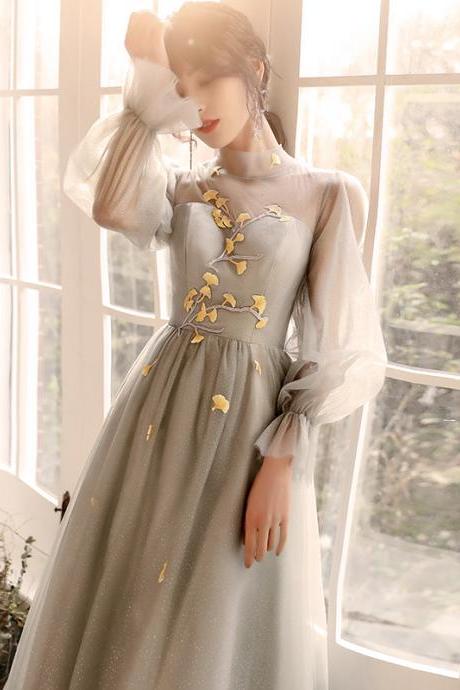Beautiful Light Grey Long Sleeves Party Dress Prom Dress, Cute Long Formal Dresses
