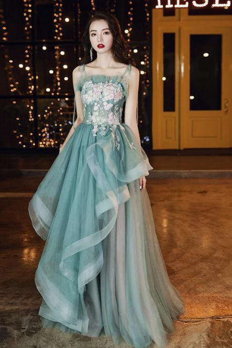 Beautiful Green Tulle And Pink Straps Long Prom Dresses With Straps, Long Party Dresses