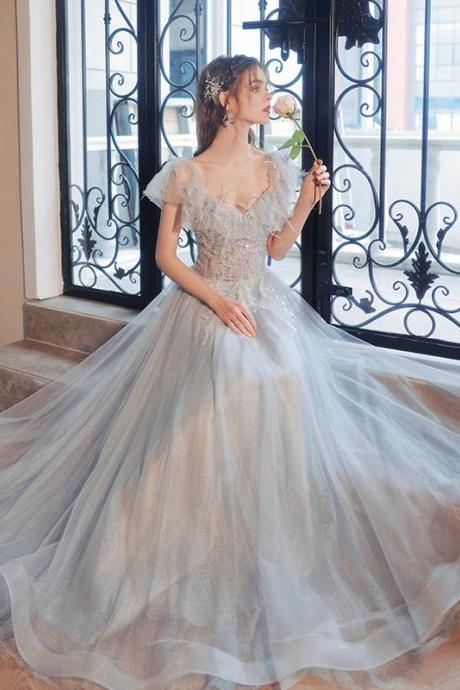 Light Grey Tulle Beautiful Long Party Dress Formal Dress, Grey Evening Gown 2022