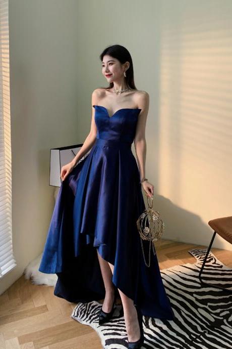 Lovely Navy Blue Satin High Low Party Dresses Prom Dress, Blue Evening Wedding Party Dresses