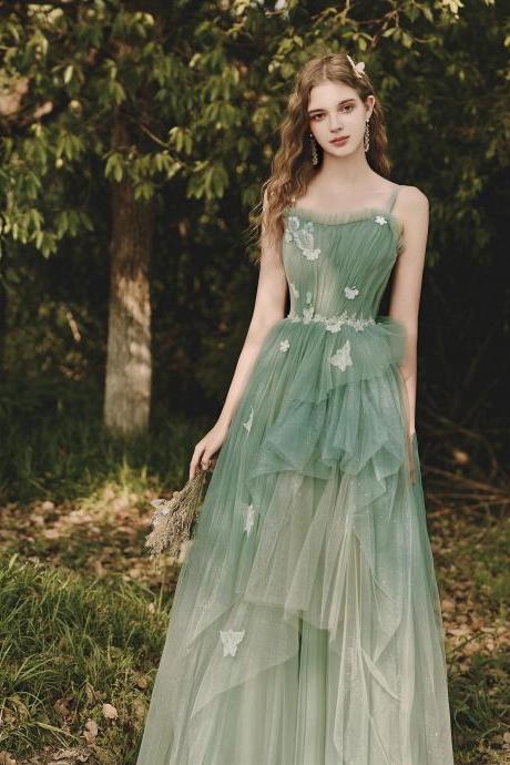 Green Gradient Tulle with Straps Long Prom Dress, Green Formal Dress Party Dress