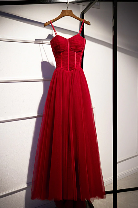 Beautiful Red Straps Tulle Long Party Dress Formal Dress, Red A-line Prom Dresses