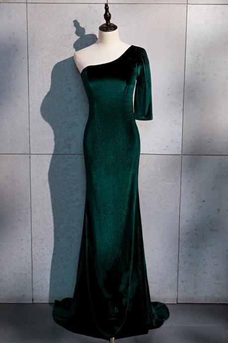 Dark Green Velvet Bridesmaid Dress Wedding Party Dress, Pretty Long Green Formal Dresses