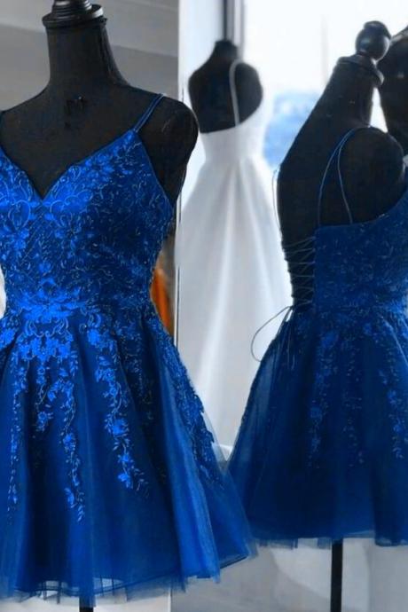 Lovely Tulle with Lace Straps Short Homecoming Dress, V-neckline Blue Prom Dresses