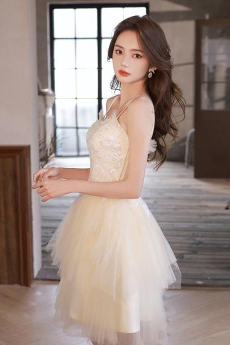Champagne Tulle Short Straps Party Dresses, Short Prom Dress Homecoming Dresses