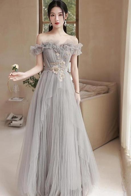 Lovely Grey Off Shoulder Tulle Prom Dress with Lace, Long Formal Dresses