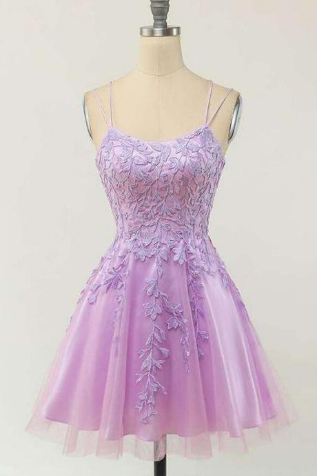 Cute Purple Lace And Tulle Short Straps Homecoming Dress Prom Dress, Purple Formal Dresses