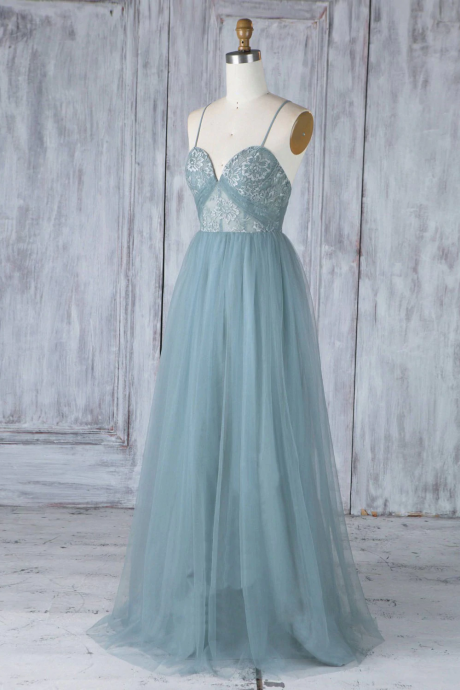 Simple sweetheart neck tulle lace long prom dress, green evening dress bridedsmaid Dress