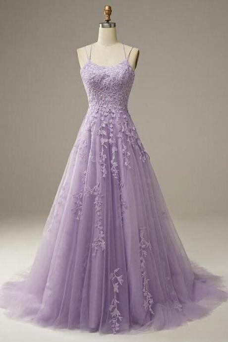 Beautiful Light Purple Tulle Spaghetti Straps Long Prom Dress, A-line Formal Dress 