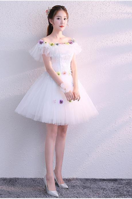 White Flowers Tulle Short Cute Graduation Party Dresses, White Short Formal Dresses