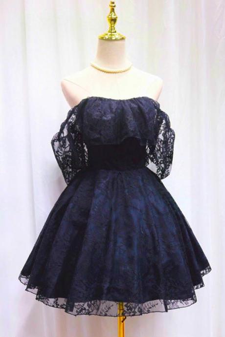 Navy Blue Lace Off Shoulder Short Party Dress, Blue Homecoming Dress Party Dresses