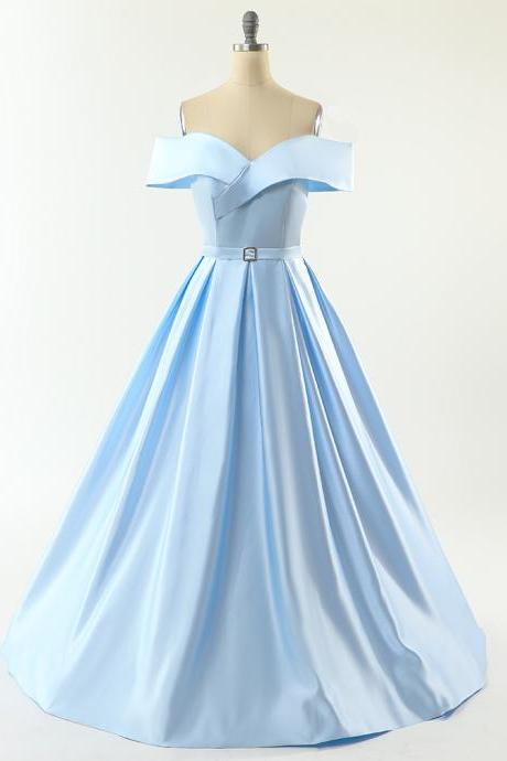 Beautiful Light Blue Satin Off Shoulder Long Evening Dress, Blue Satin Prom Dresses