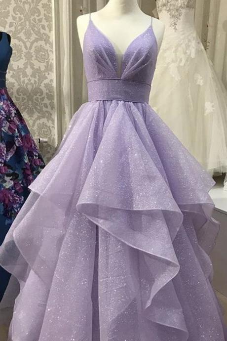 Beautiful Lavender Shiny Tulle Straps Long Evening Gown, Light Purple Prom Dresses