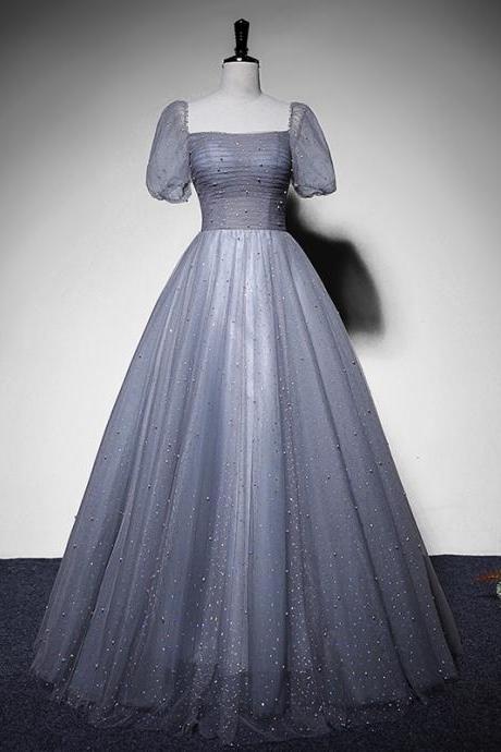 Beautiful Grey Short Sleeves Tulle Long Party Dress, Grey Formal Gown Evening Dresses
