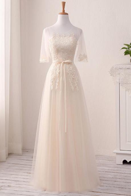 Beautiful Champagne Tulle A-line Party Dress With Lace, Long Formal Gown 2022