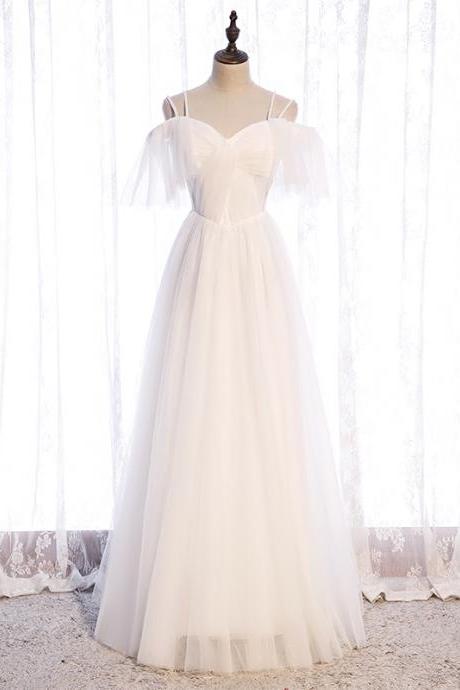 White Tulle Straps Long Evening Dress Party Dress, A-line White Formal Gown