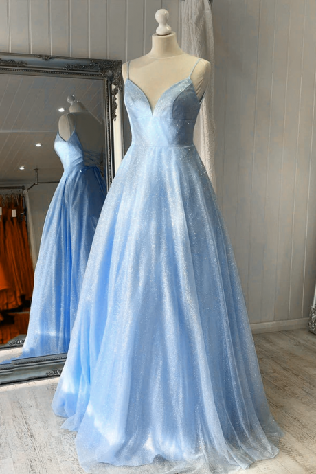 Light Blue Shiny Tulle Simple Long Formal Gown, Lace-up Blue Party Dress Prom Dress