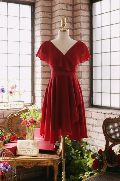 Wine Red Chiffon Short Simple Wedding Party Dress, Dark Red Bridesmaid Dresses