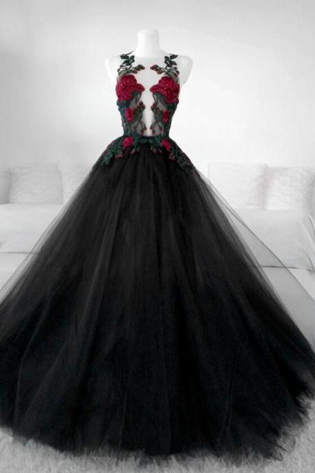 Beautiful Black Tulle With Lace Applique Long Formal Gown, Black Party Dresses