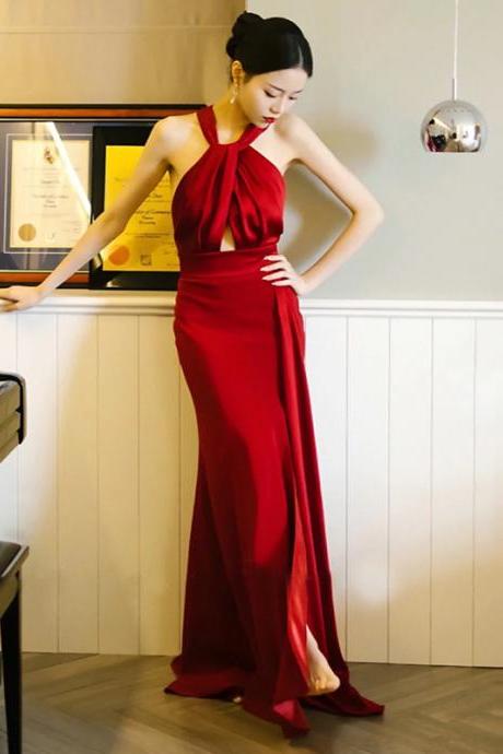 Wine Red Satin Halter Long Evening Dress Party Dress With Slit, Dark Red Floor Length