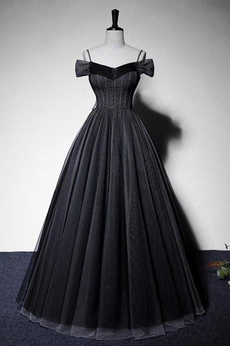 Beautiful Black Tulle Straps Sweetheart Long Party Dress, A-line Tulle Simple Prom Dress