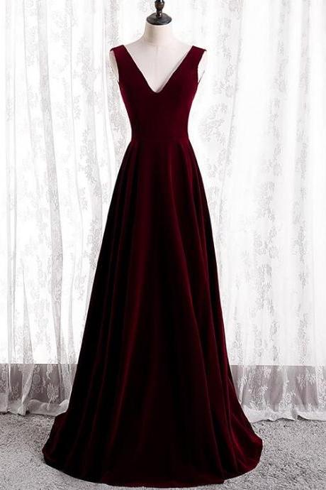 Burgundy Velvet V-neckline Long Party Dress, Simple Bridesmaid Dress
