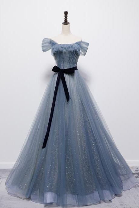 Grey-Blue Tulle Off Shoulder Long Party Dress with Bow, A-line Floor Length Prom Dress