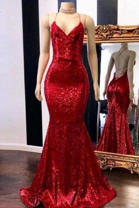 Red Sequins Mermaid Cross Back Long Party Dress, Red Long Prom Dress