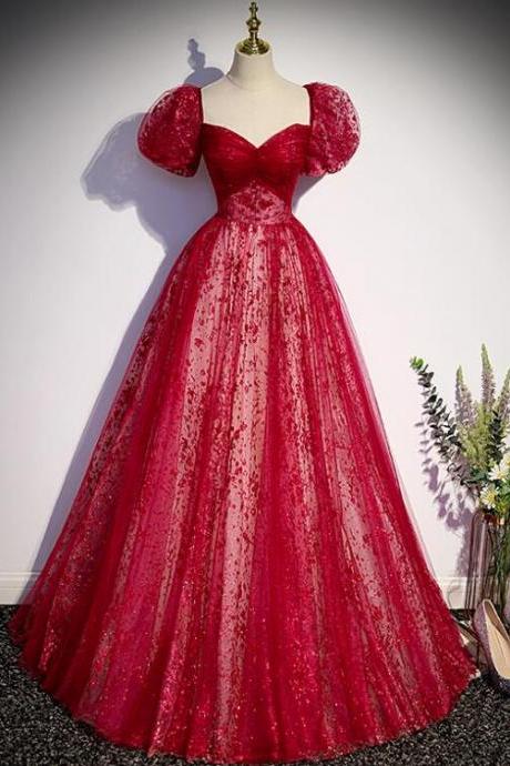 Stylish Red Floor Length A-line Prom Dress, Red Tulle Party Dresses