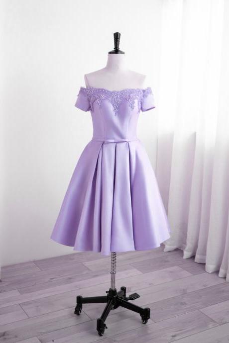 Purple Satin with Lace Short Homecoming Dress, A-line Short Prom Dress