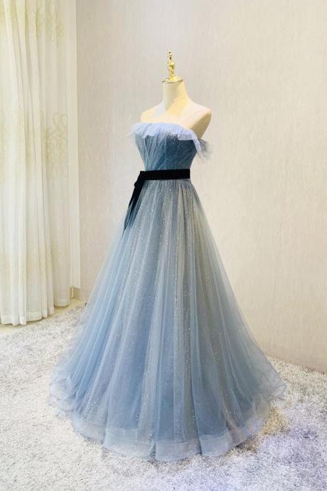 Tulle Shiny Long Party Dress With Belt, Beautiful A-Line Blue Formal Dresses