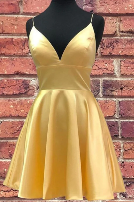 Cute Short Yellow Satin Straps Homecoming Dress, Simple Prom Dress
