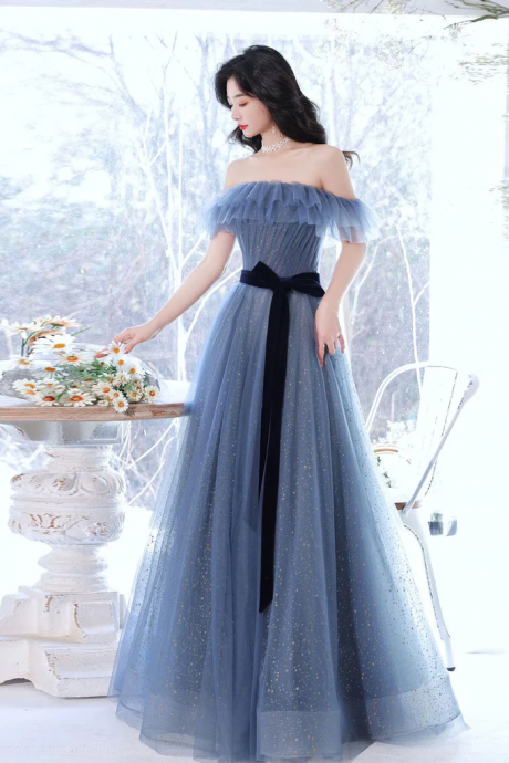 Blue Simple Tulle Prom Dress with Black Belt, A-line Tulle Party Dresses 