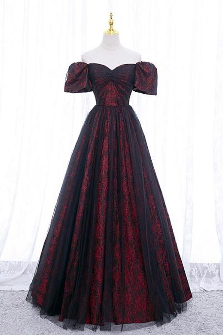Black and Red Short Sleeves Lace Party Dress, A-line Formal Dress