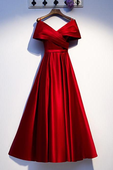 Red Satin Off Shoulder Floor Length Party Dress, Red Evening Gown