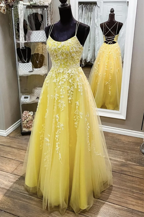 Yellow Tulle Long Formal Dress with Lace, Yellow Prom Party Dresses 