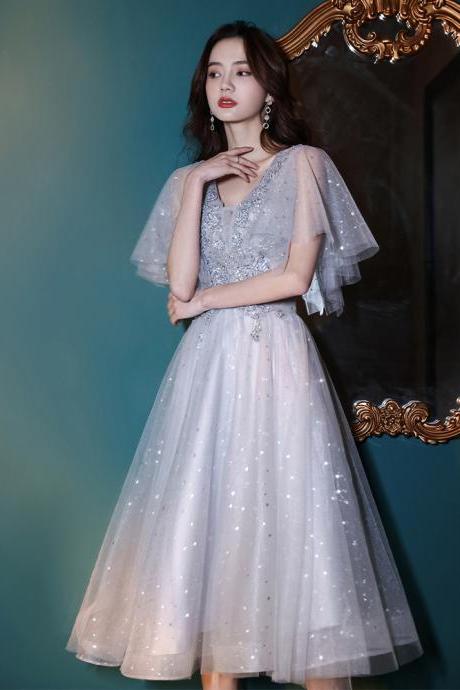 Sliver Grey Tulle Beaded Lace Short Party Dress, Tea Length Grey Formal Dresses