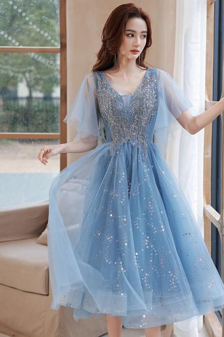 Sliver Blue Tulle Beaded Lace Short Party Dress, Tea Length Grey Formal Dresses