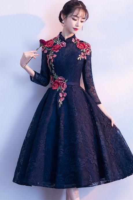 Navy Blue Lace Tea Length Party Dress with Flowers, Blue Bridesmaid Dresses 