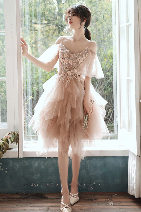 Champagne Tulle Knee Length Party Dress, Champagne Graduation Dresses