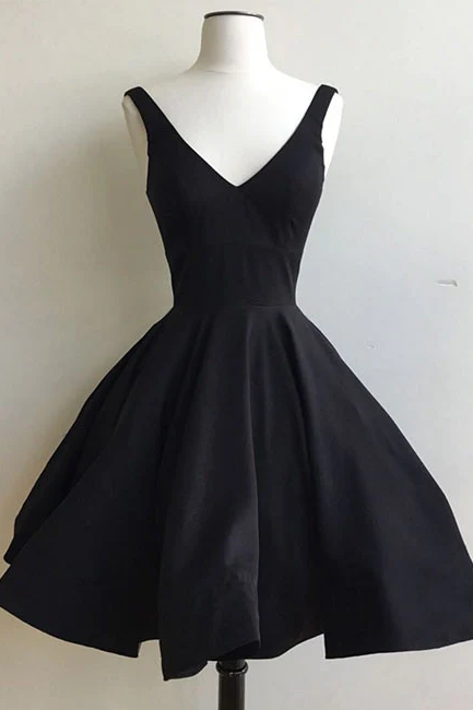 Black Satin V-neckline Knee Length Party Dress, Black Formal Dress