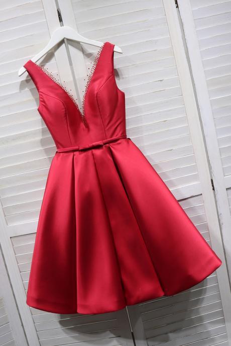 V-neckline Red Knee Length Homecoming Dress, Red Short Prom Dress